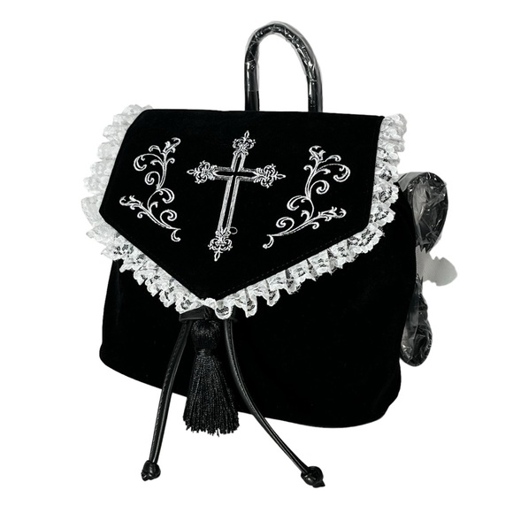 Dolls Kill Handbags - Dolls Kill Black Velvet Backpack White Embroidered Cross Drawstring Flap Bag